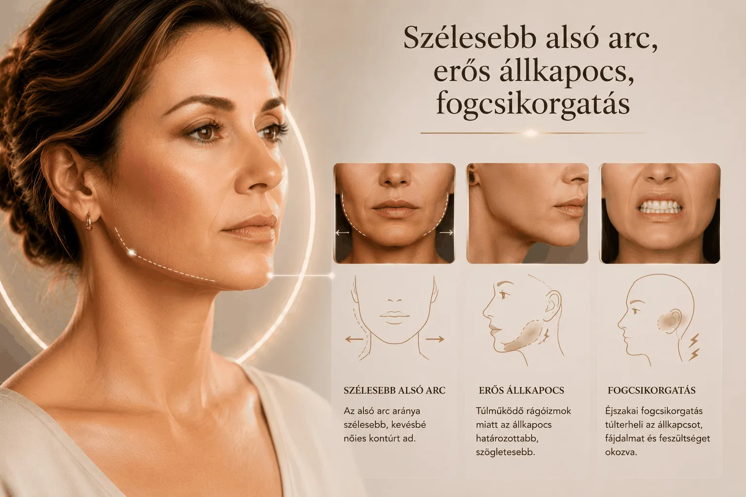 Szélesebb alsó arc, erős állkapocs és fogcsikorgatás — a masseter túlműködésének jelei
