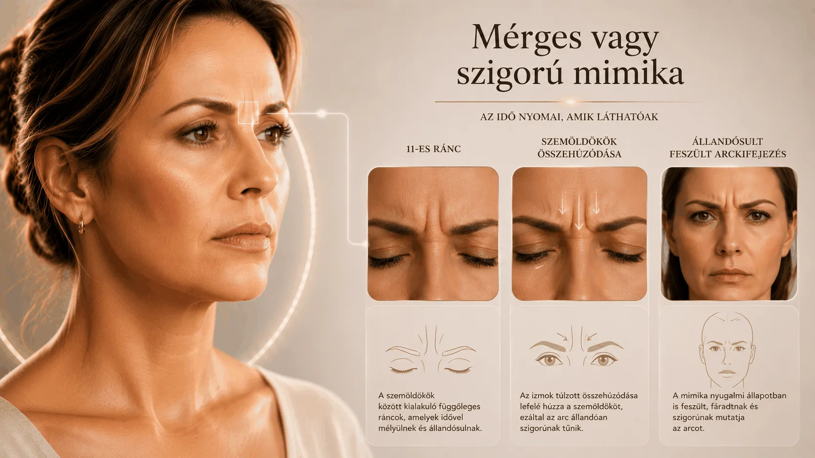 Mérges vagy szigorú mimika — a 11-es ránc és a glabella terület a szemöldökök között