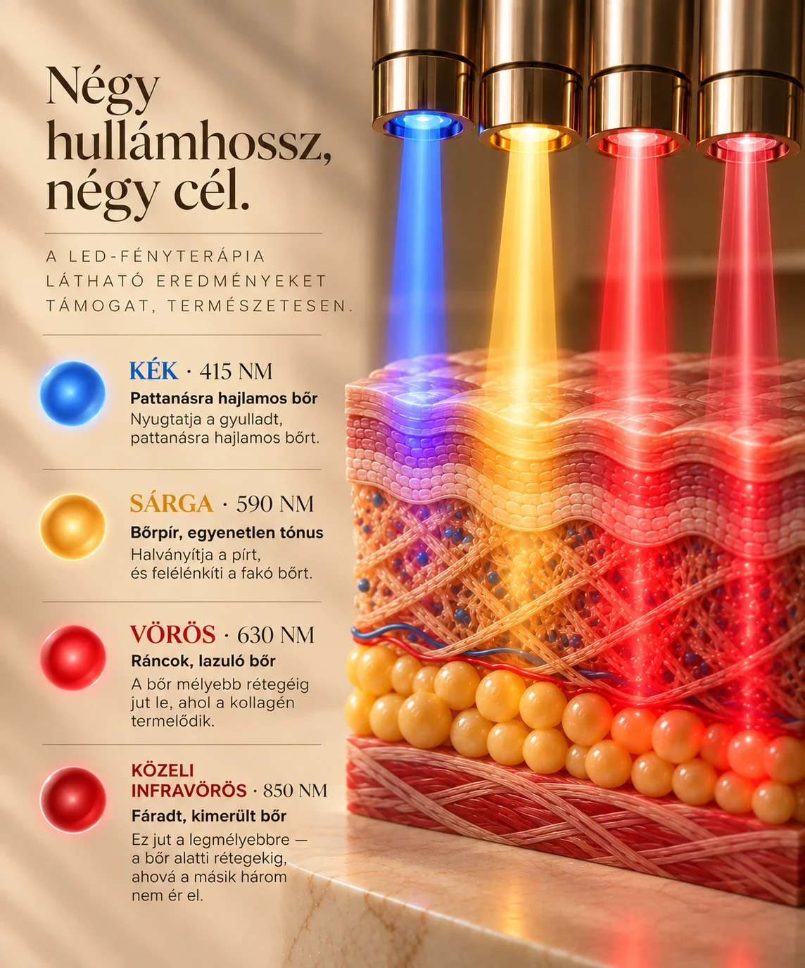 Négy hullámhossz, négy cél. Kék 415 nm: pattanásra hajlamos bőr, nyugtatja a gyulladt bőrt. Sárga 590 nm: bőrpír és egyenetlen tónus, halványítja a pírt, felélénkíti a fakó bőrt. Vörös 630 nm: ráncok és lazuló bőr, a bőr mélyebb rétegéig jut le, ahol a kollagén termelődik. Közeli infravörös 850 nm: fáradt, kimerült bőr, ez jut a legmélyebbre, a bőr alatti rétegekig.