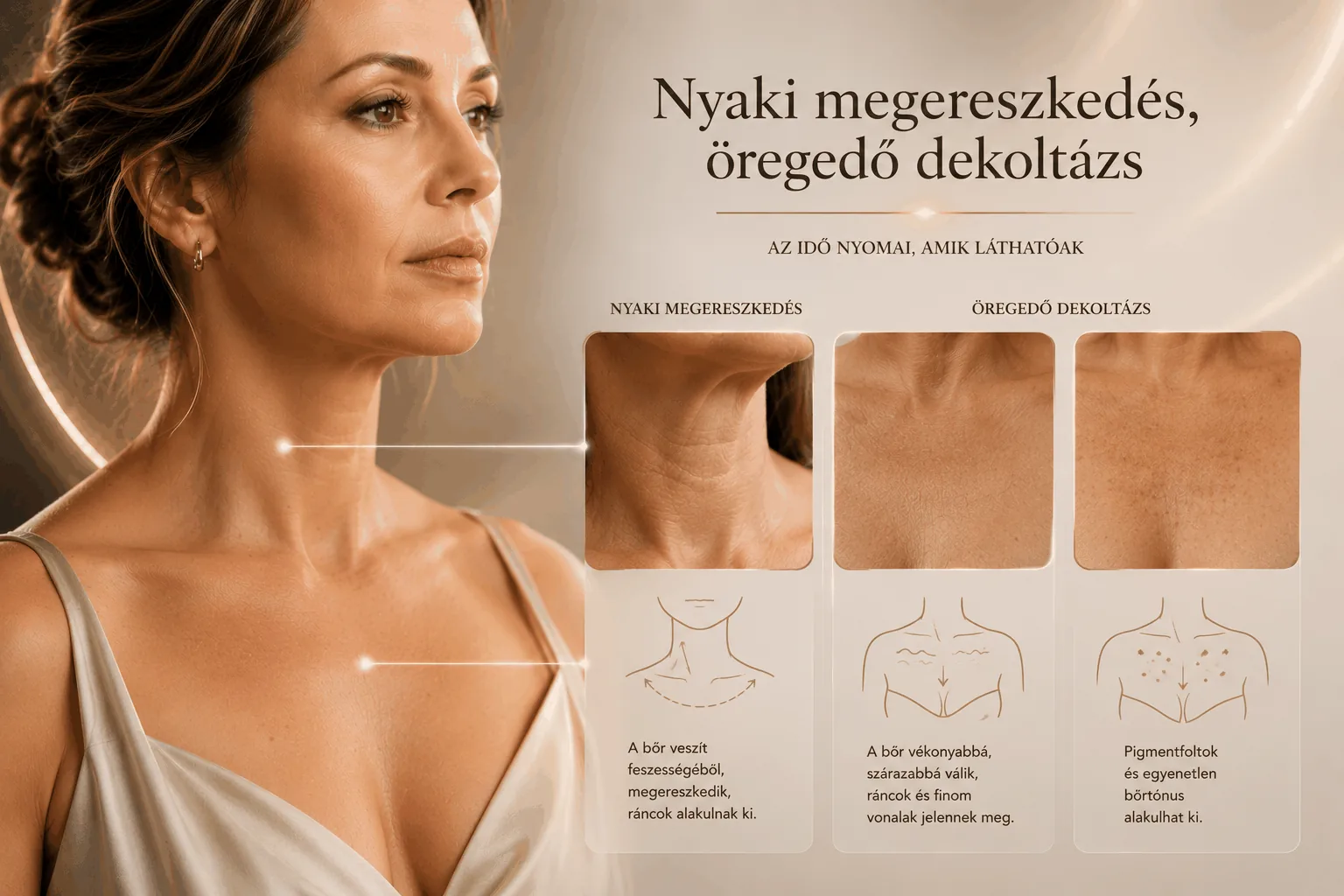 Nyaki megereszkedés, öregedő dekoltázs infografika