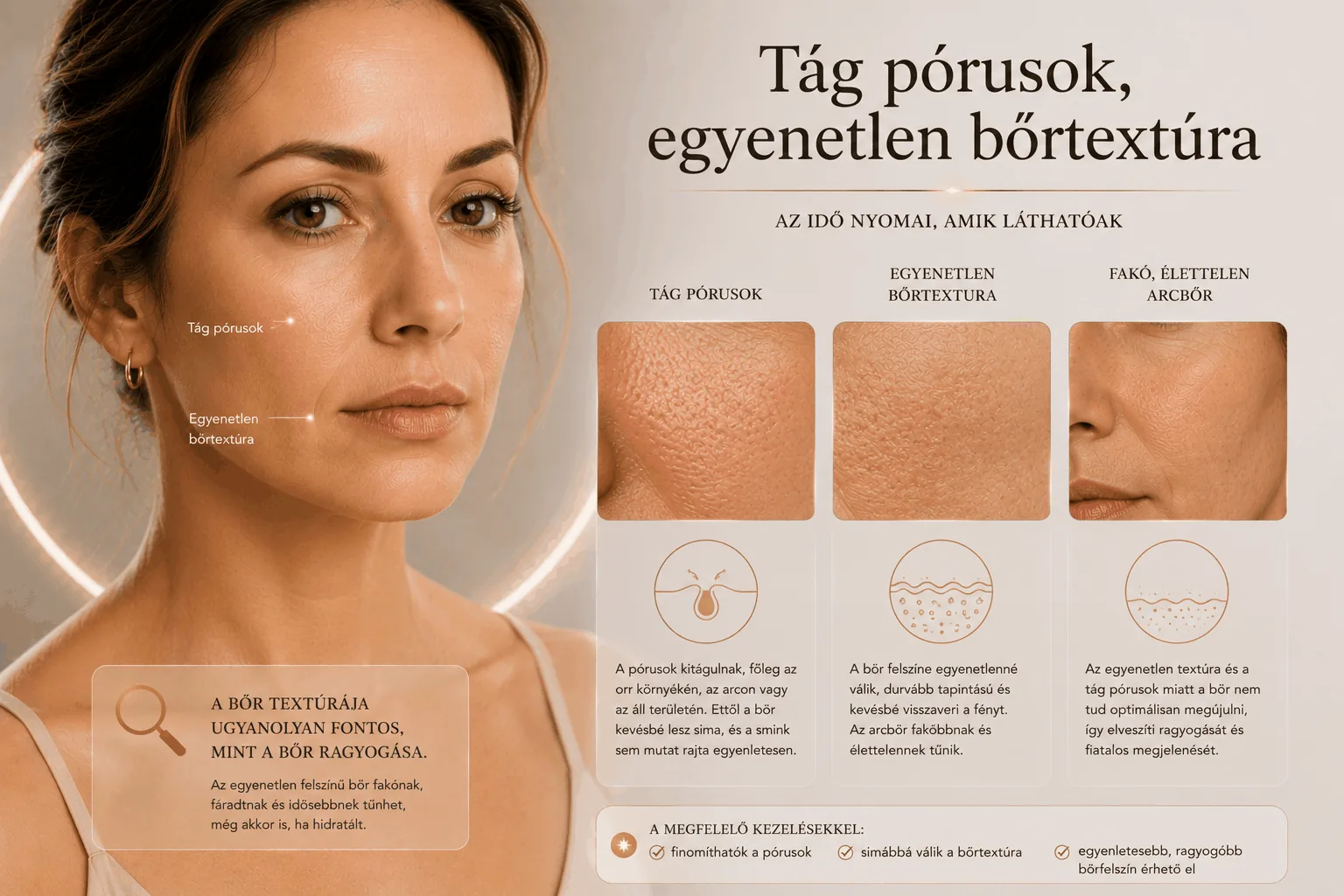 Egyenetlen bőrfelszín és tág pórusok — a bőr textúrájának jelei