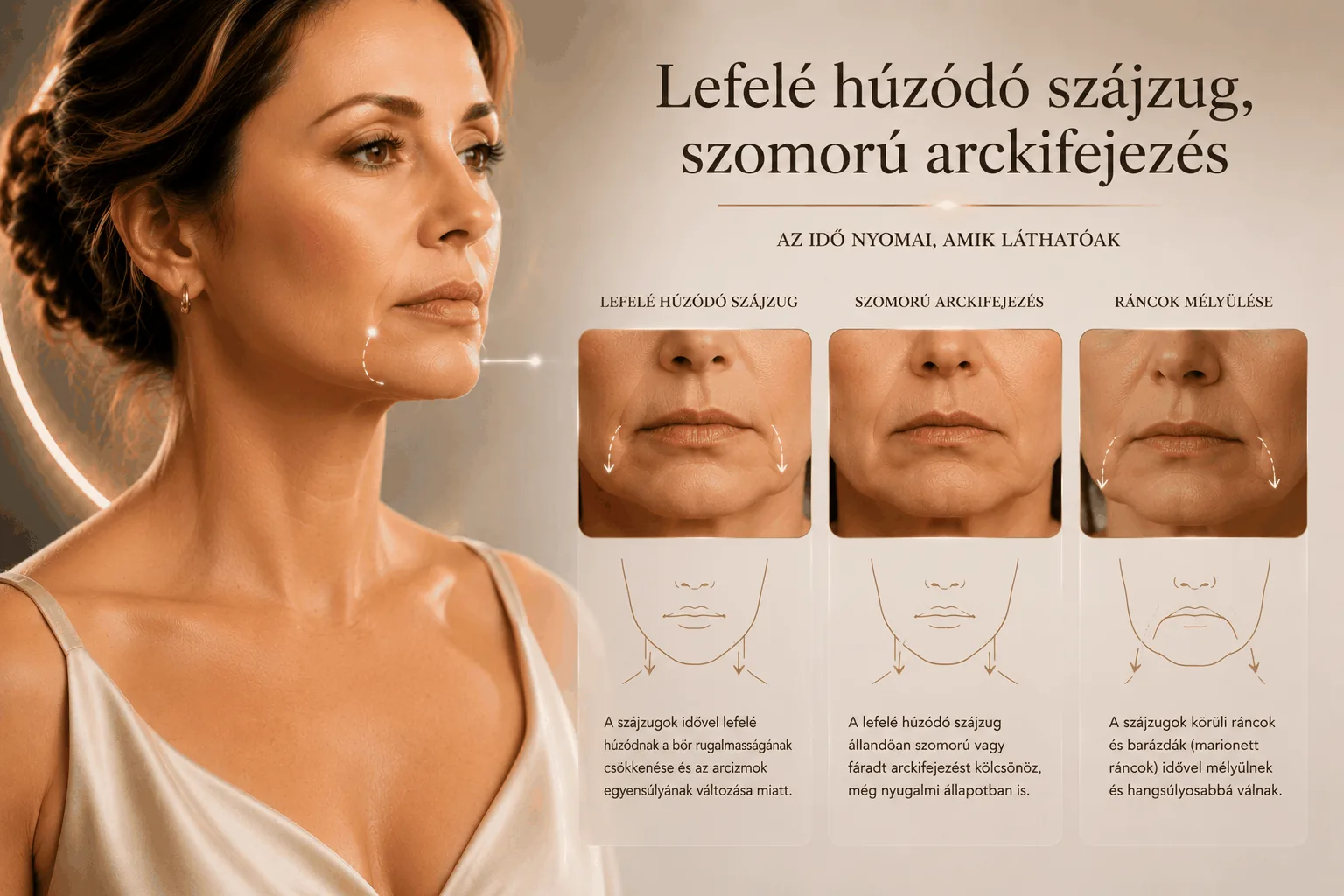 Lefelé húzódó szájzug és szomorú arckifejezés — a marionett ráncok mélyülése