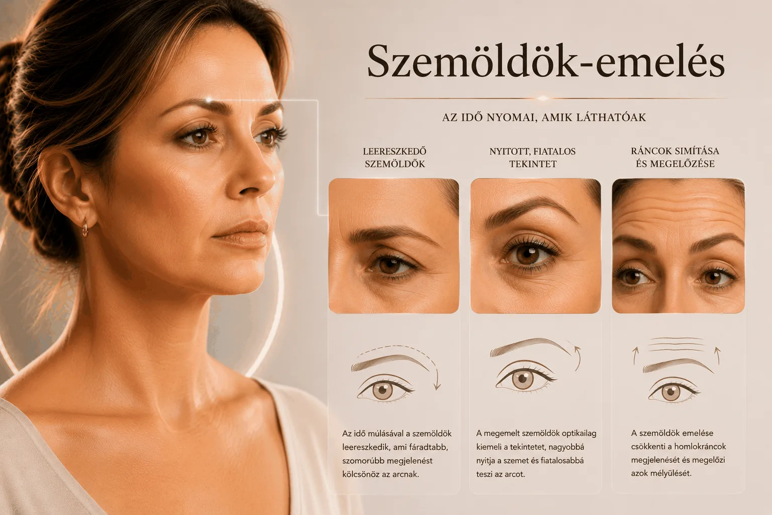 Szemöldök-emelés — leereszkedő szemöldök, nyitott fiatalos tekintet, ráncok simítása