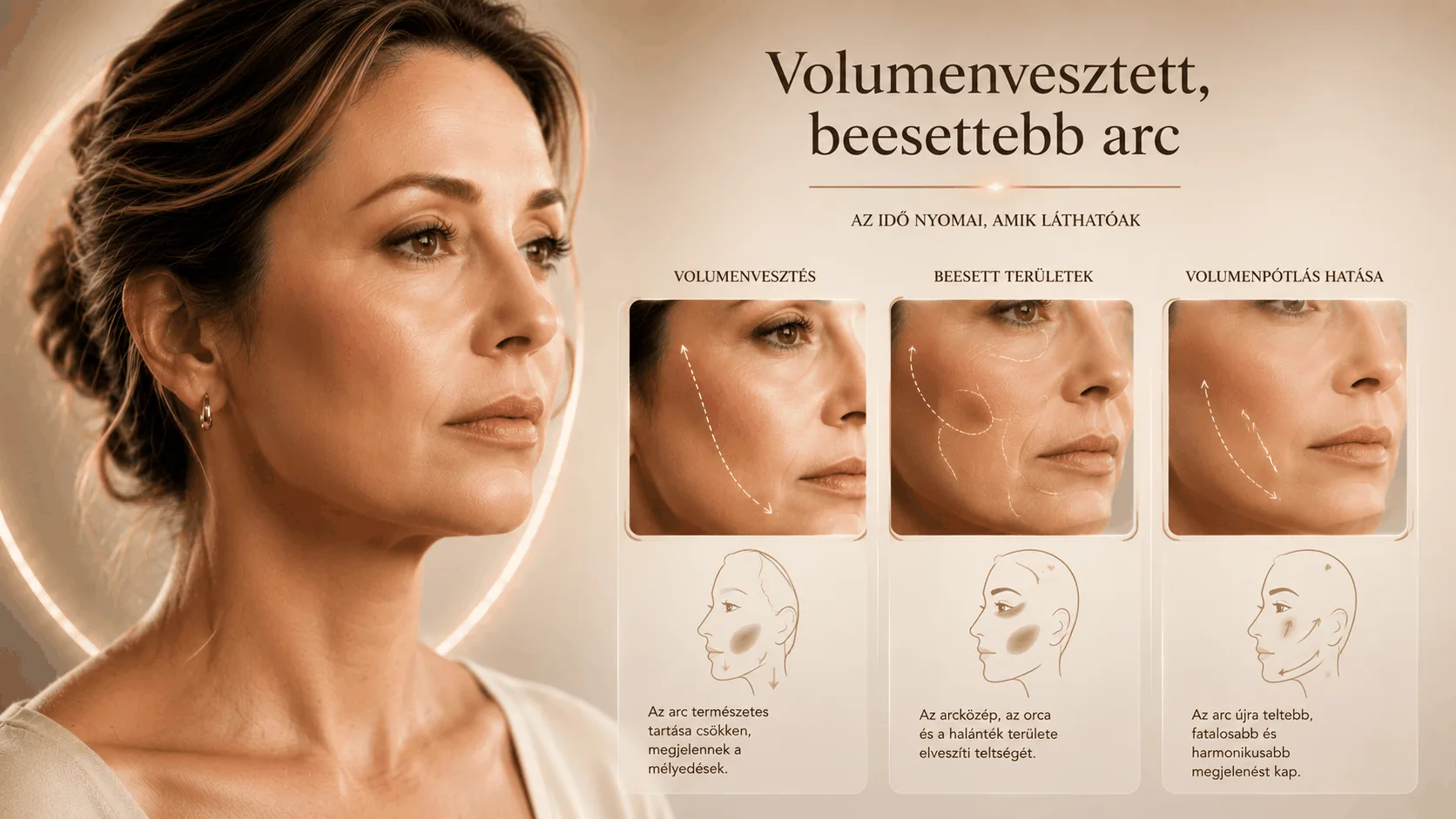 Volumenvesztett, beesettebb arc — volumenvesztés, beesett területek, volumenpótlás hatása